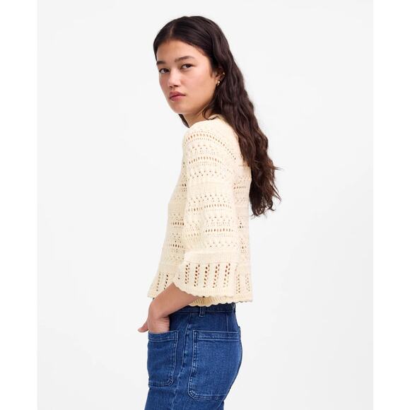 Madewell Scalloped-Trim Sweater Tee SZ XS Sand Crewneck Crop Open Knit Pullover - Picture 3 of 9